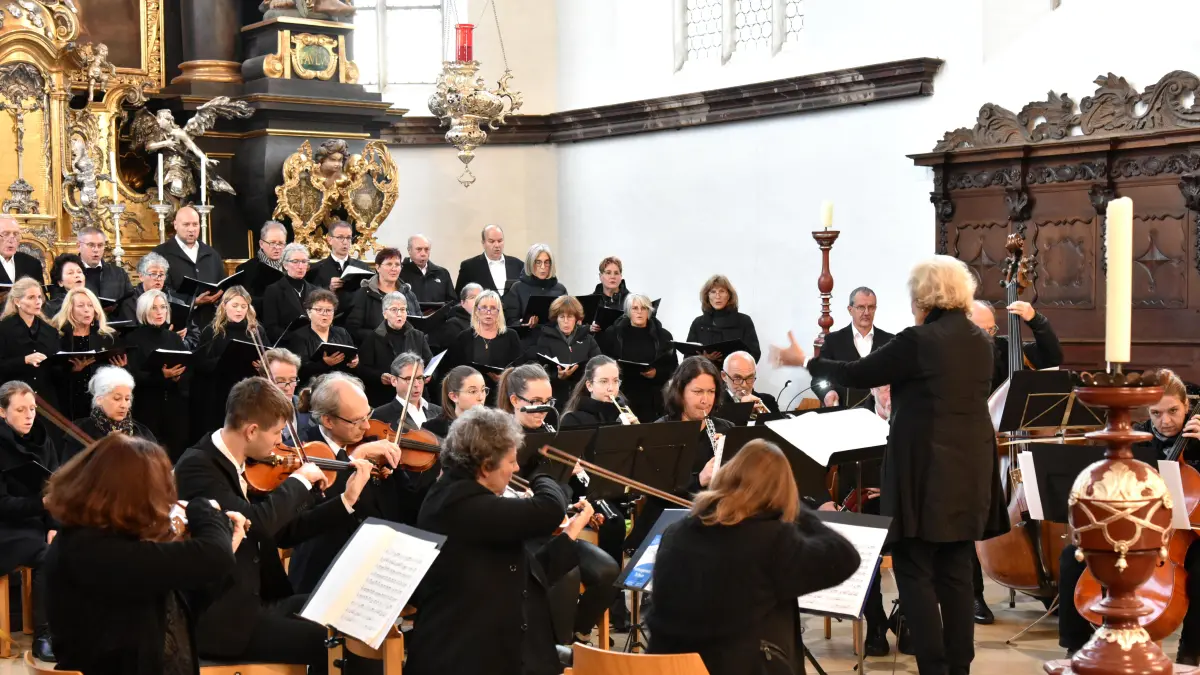 Eine beeindruckende kirchenmusikalische Stunde boten der Kammerchor Calypso, Solisten und Instrumentalisten den etwa 400 Hörern in der Höchstädter Stadtpfarrkirche. Foto: Erfried Rösner